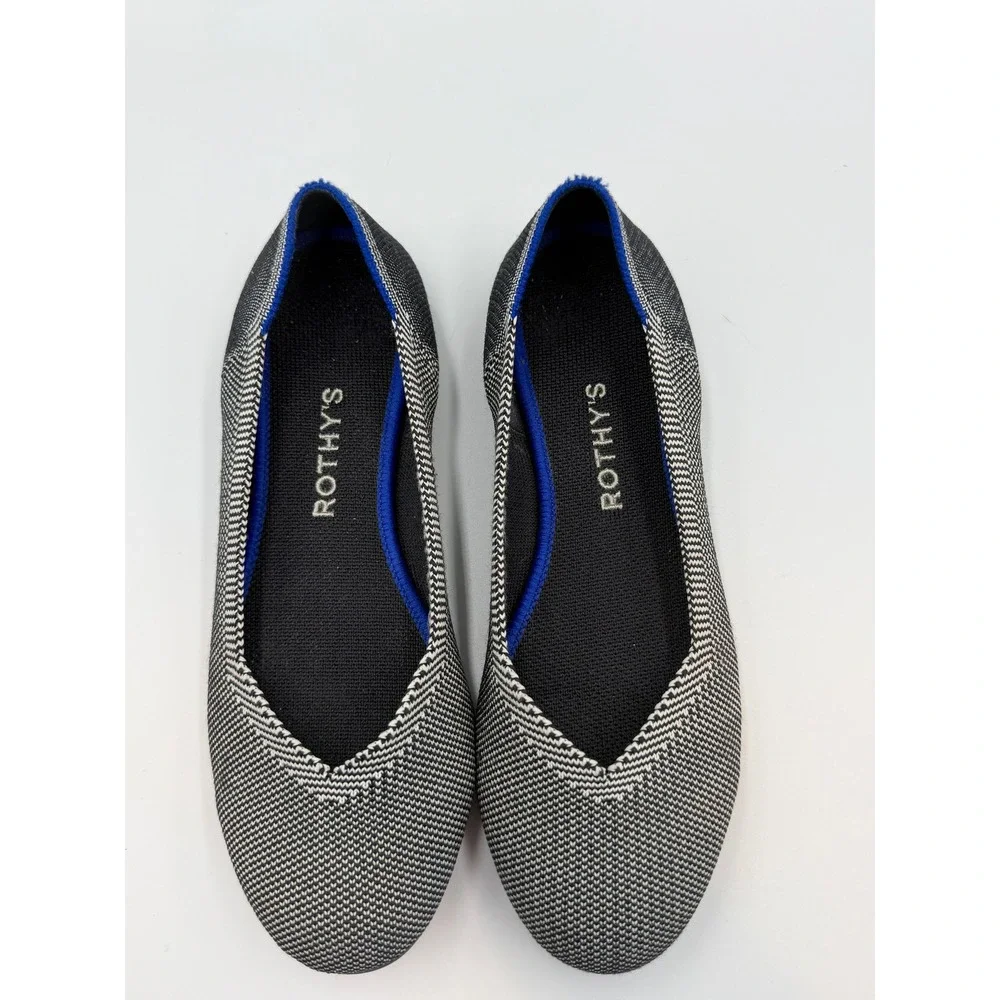 Rothy's Black White Herringbone Round Toe Flats Knit Shoes Women's Sz 7.5
